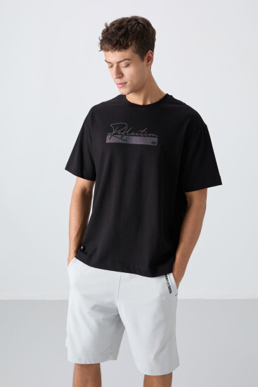 Siyah Pamuklu Kalın Yumuşak Dokulu Oversize Fit Baskılı Erkek T-Shirt - 88334 