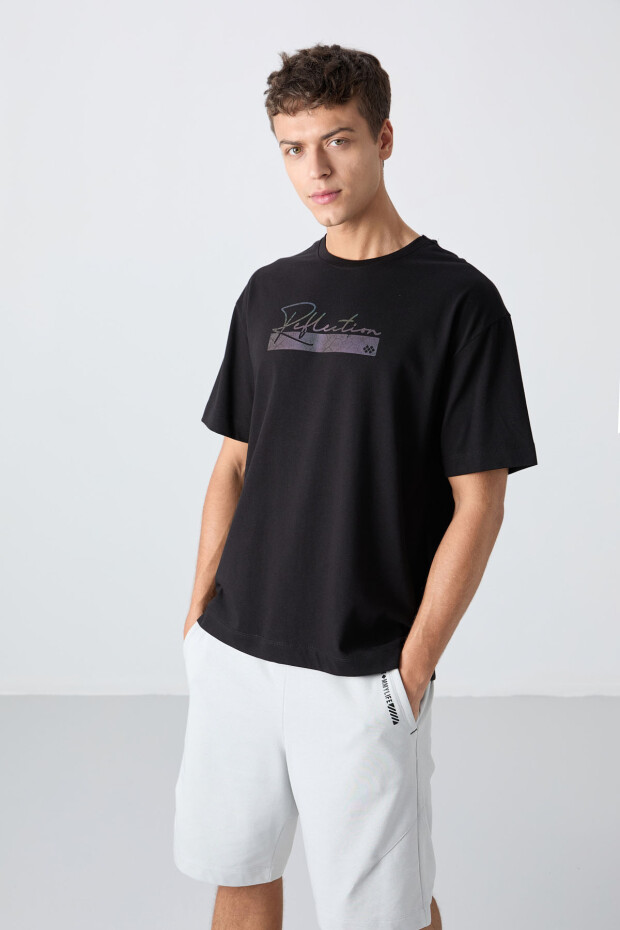 Siyah Pamuklu Kalın Yumuşak Dokulu Oversize Fit Baskılı Erkek T-Shirt - 88334 - 4