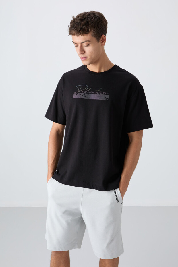 Siyah Pamuklu Kalın Yumuşak Dokulu Oversize Fit Baskılı Erkek T-Shirt - 88334