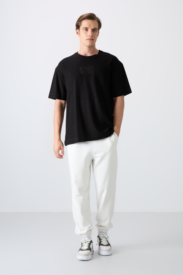 Siyah Pamuklu Kalın Yüzeyi Dokulu Oversize Fit Baskılı Erkek T-Shirt - 88336