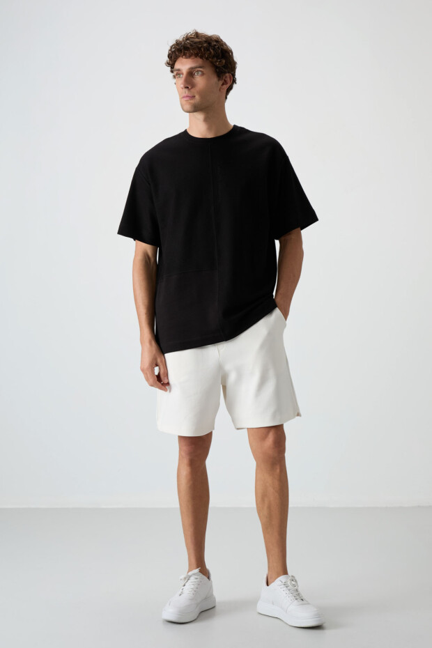 Siyah Pamuklu Kalın Yüzeyi Dokulu Oversize Fit Basic Erkek T-Shirt - 88337 - 2