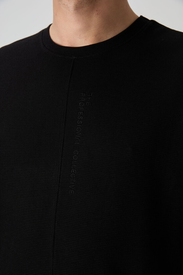 Siyah Pamuklu Kalın Yüzeyi Dokulu Oversize Fit Basic Erkek T-Shirt - 88337 - 3
