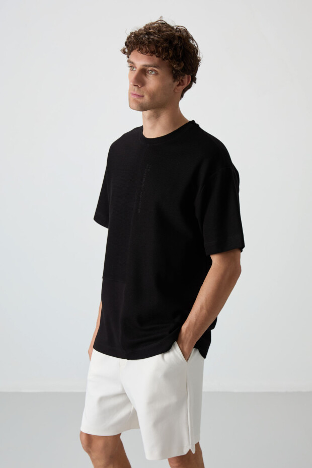 Siyah Pamuklu Kalın Yüzeyi Dokulu Oversize Fit Basic Erkek T-Shirt - 88337