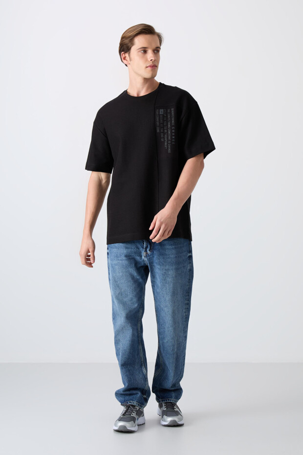 Siyah Pamuklu Kalın Yüzeyi Dokulu Oversize Fit Baskılı Erkek T-Shirt - 88338