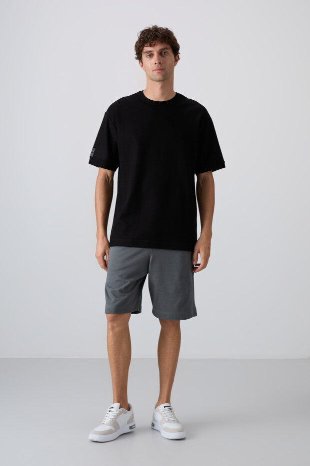 Siyah Pamuklu Kalın Yüzeyi Dokulu Oversize Fit Basic Erkek T-Shirt - 88339