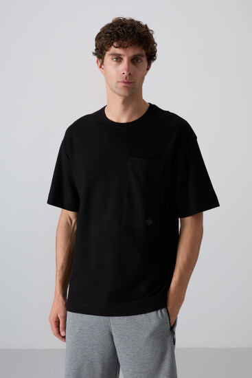 Siyah Pamuklu Kalın Yüzeyi Dokulu Oversize Fit Basic Erkek T-Shirt - 88341 