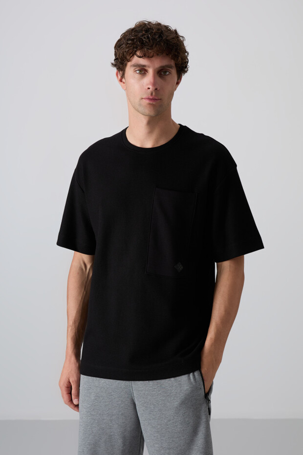 Siyah Pamuklu Kalın Yüzeyi Dokulu Oversize Fit Basic Erkek T-Shirt - 88341
