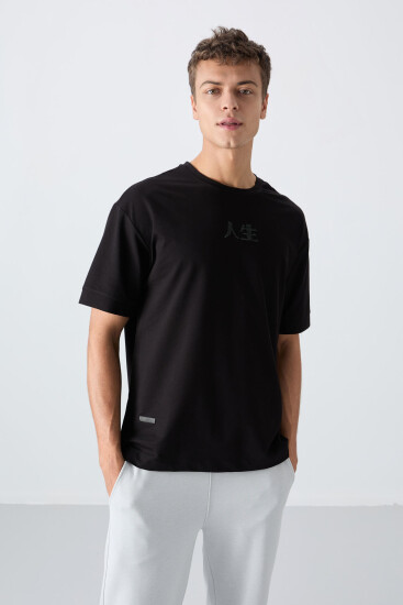 Siyah Pamuklu Kalın Yumuşak Dokulu Oversize Fit Baskılı Erkek T-Shirt - 88342 