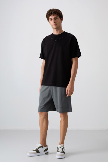 Siyah Pamuklu Kalın Yumuşak Dokulu Oversize Fit Baskılı Erkek T-Shirt - 88343 - TOMMYLIFE (1)
