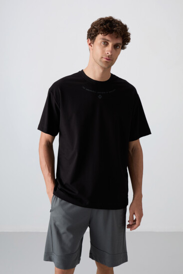 Siyah Pamuklu Kalın Yumuşak Dokulu Oversize Fit Baskılı Erkek T-Shirt - 88343 