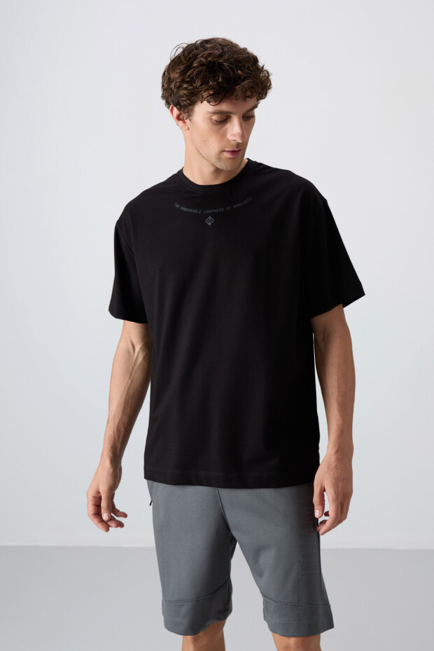 Siyah Pamuklu Kalın Yumuşak Dokulu Oversize Fit Baskılı Erkek T-Shirt - 88343
