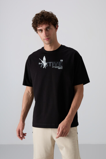 Siyah Pamuklu Kalın Yumuşak Dokulu Oversize Fit Baskılı Erkek T-Shirt - 88344 