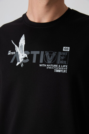 Siyah Pamuklu Kalın Yumuşak Dokulu Oversize Fit Baskılı Erkek T-Shirt - 88344 - TOMMYLIFE (1)