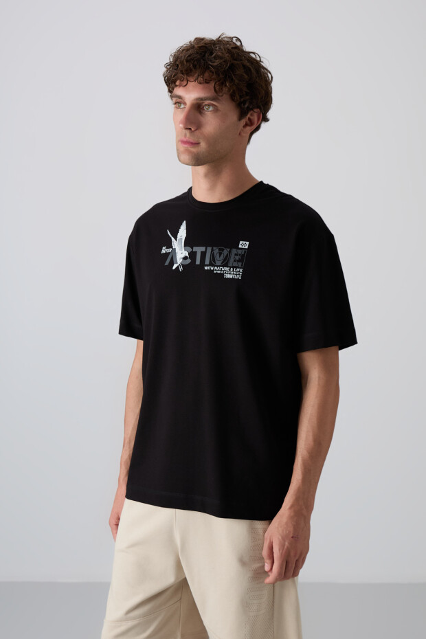 Siyah Pamuklu Kalın Yumuşak Dokulu Oversize Fit Baskılı Erkek T-Shirt - 88344