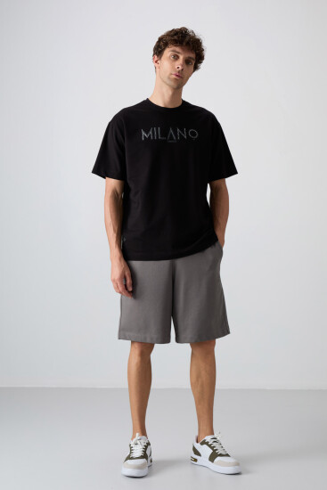 Siyah Pamuklu Kalın Yumuşak Dokulu Oversize Fit Baskılı Erkek T-Shirt - 88345 - TOMMYLIFE (1)