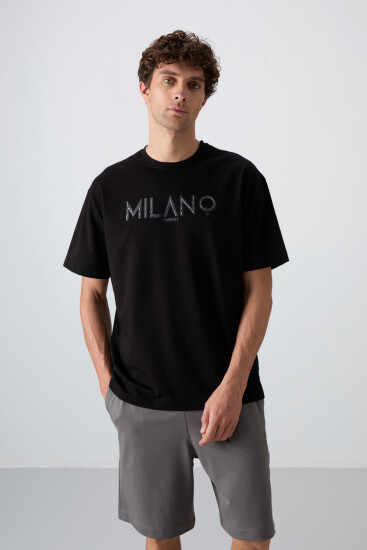 Siyah Pamuklu Kalın Yumuşak Dokulu Oversize Fit Baskılı Erkek T-Shirt - 88345 