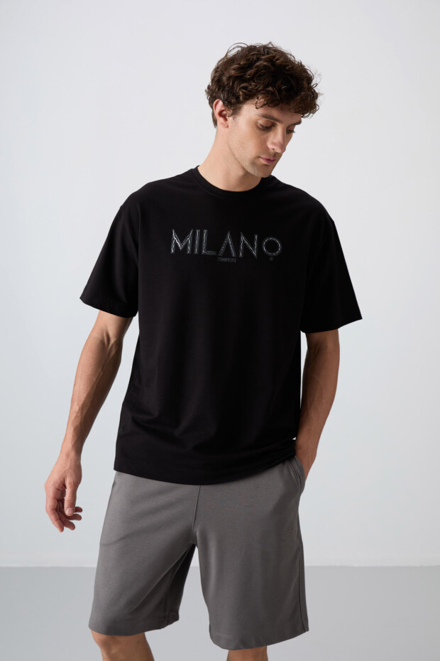 Siyah Pamuklu Kalın Yumuşak Dokulu Oversize Fit Baskılı Erkek T-Shirt - 88345