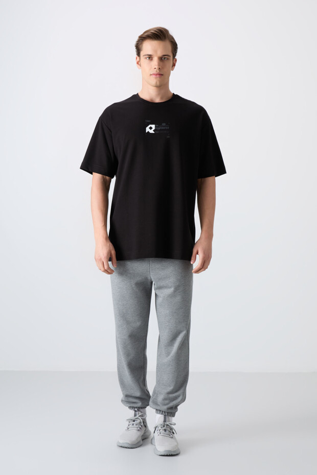 Siyah Pamuklu Kalın Yumuşak Dokulu Oversize Fit Baskılı Erkek T-Shirt - 88350