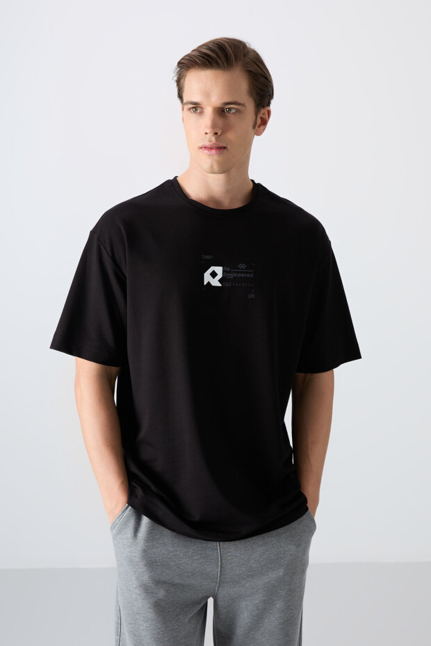 Siyah Pamuklu Kalın Yumuşak Dokulu Oversize Fit Baskılı Erkek T-Shirt - 88350