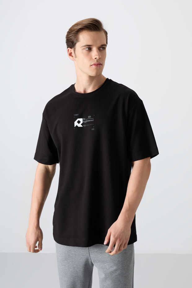 Siyah Pamuklu Kalın Yumuşak Dokulu Oversize Fit Baskılı Erkek T-Shirt - 88350