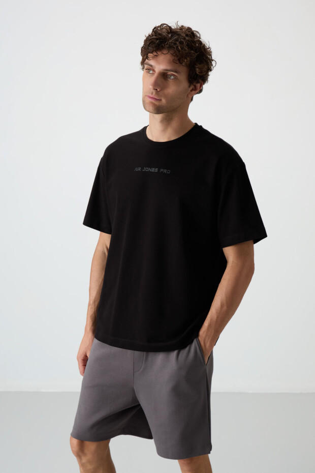 Siyah Pamuklu Kalın Yüzeyi Dokulu Oversize Fit Baskılı Erkek T-Shirt - 88364