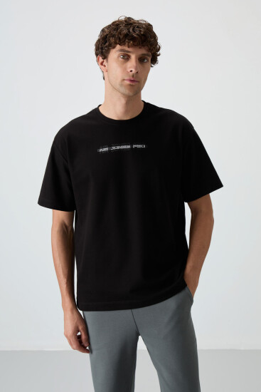 Siyah Pamuklu Kalın Yüzeyi Dokulu Oversize Fit Baskılı Erkek T-Shirt - 88365 