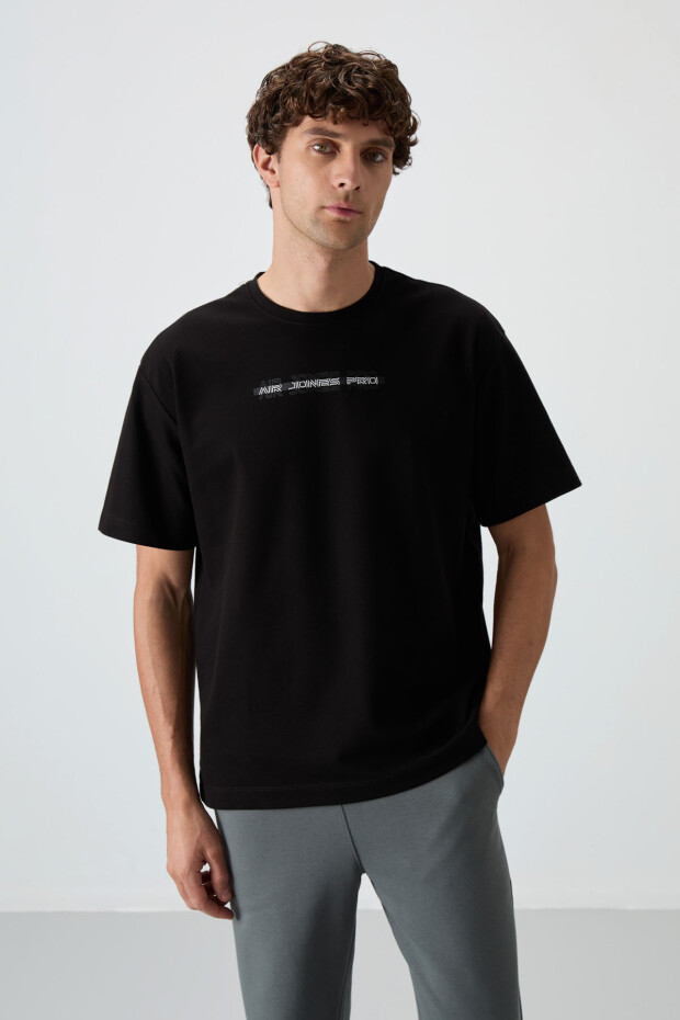 Siyah Pamuklu Kalın Yüzeyi Dokulu Oversize Fit Baskılı Erkek T-Shirt - 88365
