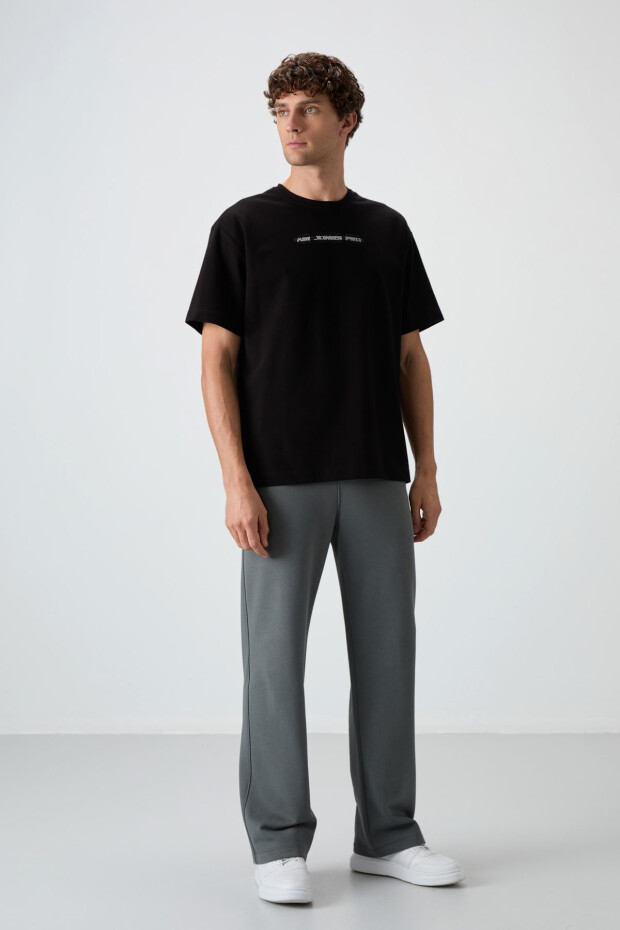 Siyah Pamuklu Kalın Yüzeyi Dokulu Oversize Fit Baskılı Erkek T-Shirt - 88365