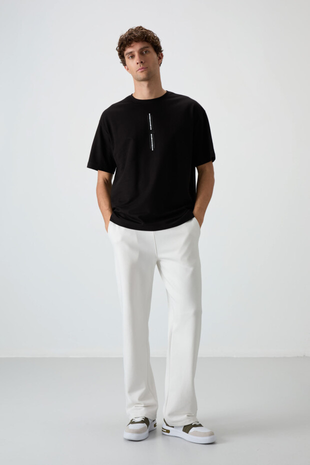 Siyah Pamuklu Kalın Yüzeyi Dokulu Oversize Fit Baskılı Erkek T-Shirt - 88366 - 2