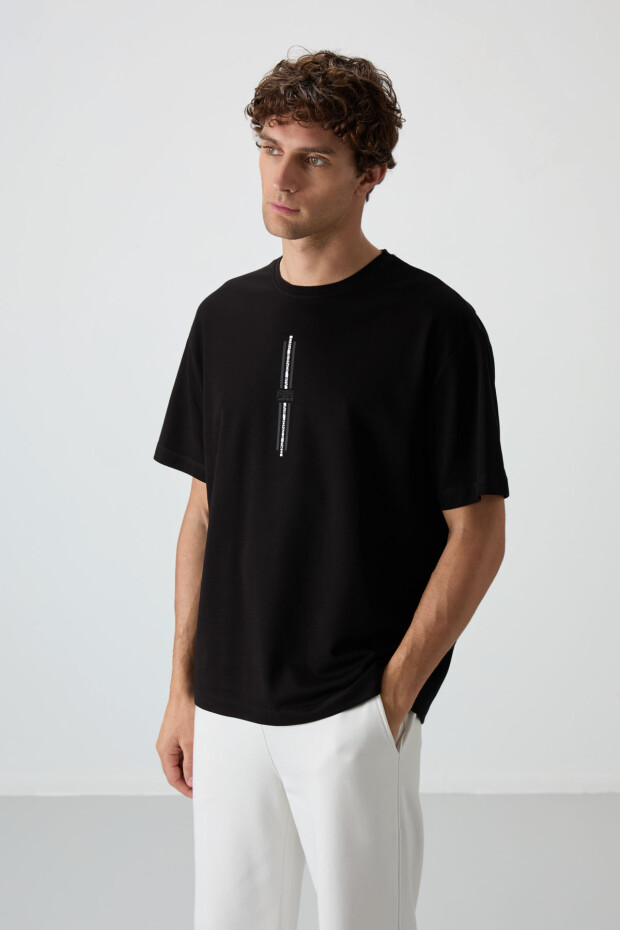 Siyah Pamuklu Kalın Yüzeyi Dokulu Oversize Fit Baskılı Erkek T-Shirt - 88366