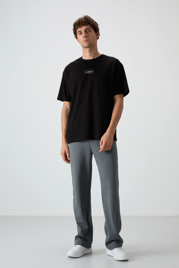 Siyah Pamuklu Kalın Yüzeyi Dokulu Oversize Fit Baskılı Erkek T-Shirt - 88367 - 3