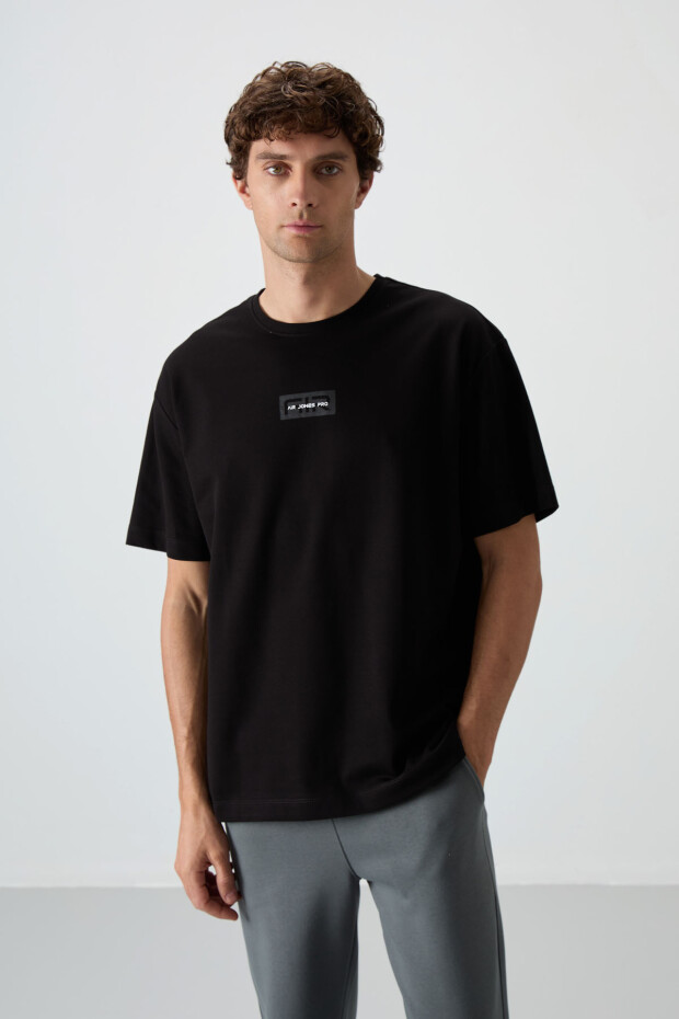 Siyah Pamuklu Kalın Yüzeyi Dokulu Oversize Fit Baskılı Erkek T-Shirt - 88367