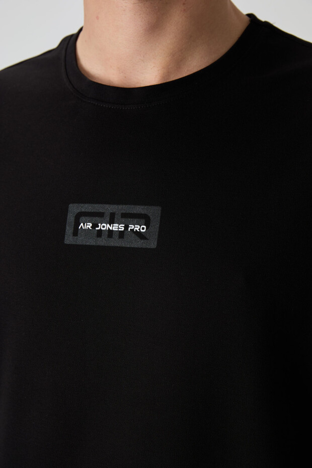 Siyah Pamuklu Kalın Yüzeyi Dokulu Oversize Fit Baskılı Erkek T-Shirt - 88367