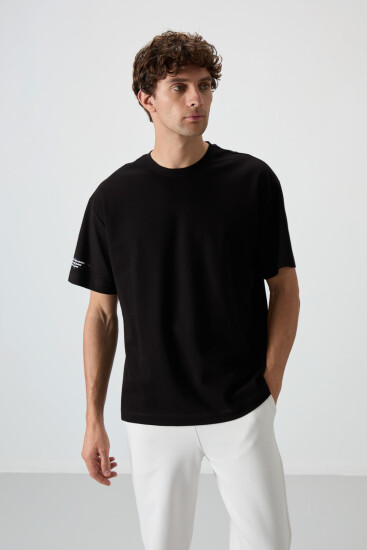 Siyah Pamuklu Kalın Yüzeyi Dokulu Oversize Fit Baskılı Erkek T-Shirt - 88369 
