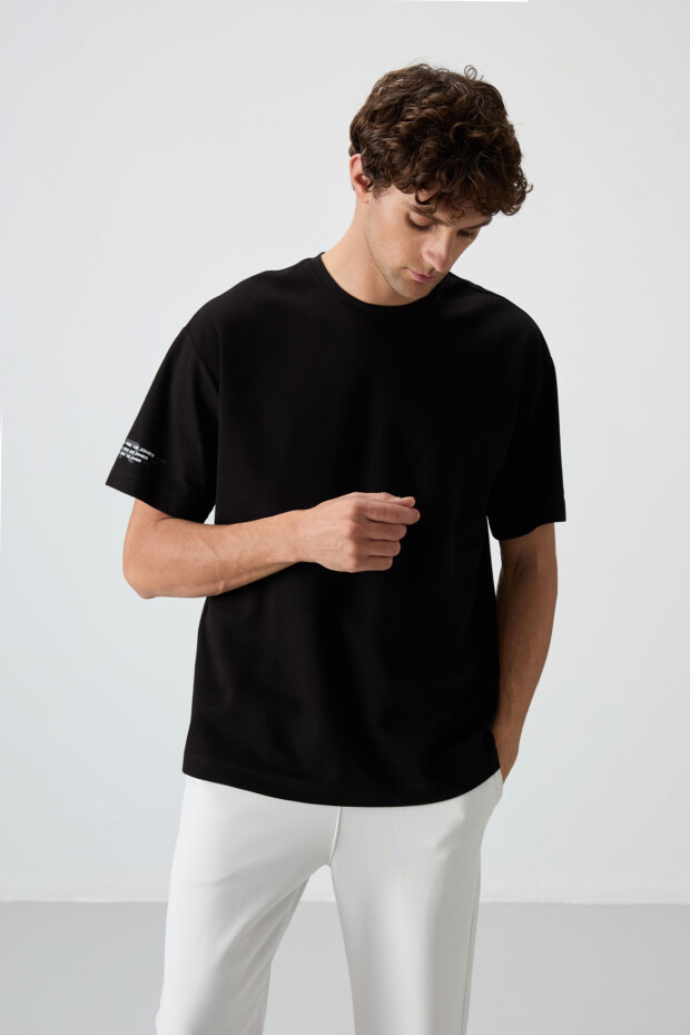 Siyah Pamuklu Kalın Yüzeyi Dokulu Oversize Fit Baskılı Erkek T-Shirt - 88369