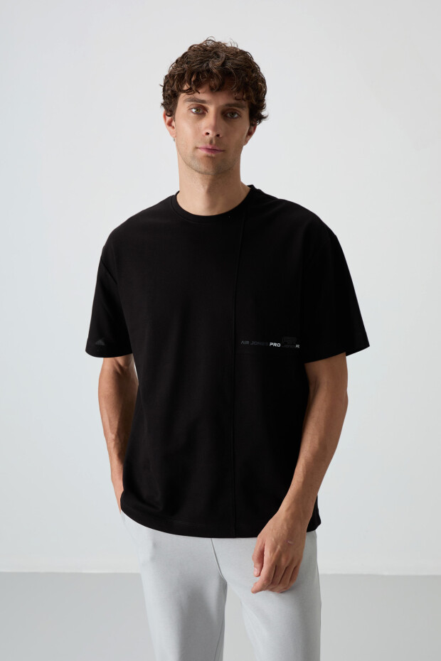 Siyah Pamuklu Kalın Yüzeyi Dokulu Oversize Fit Baskılı Erkek T-Shirt - 88370