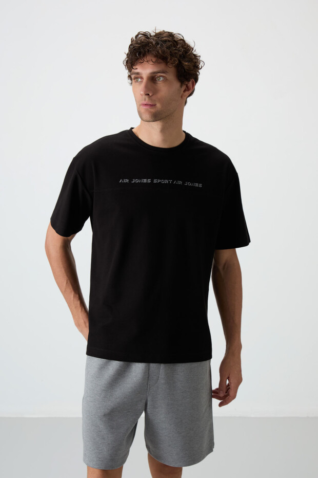 Siyah Pamuklu Kalın Yüzeyi Dokulu Oversize Fit Baskılı Erkek T-Shirt - 88371