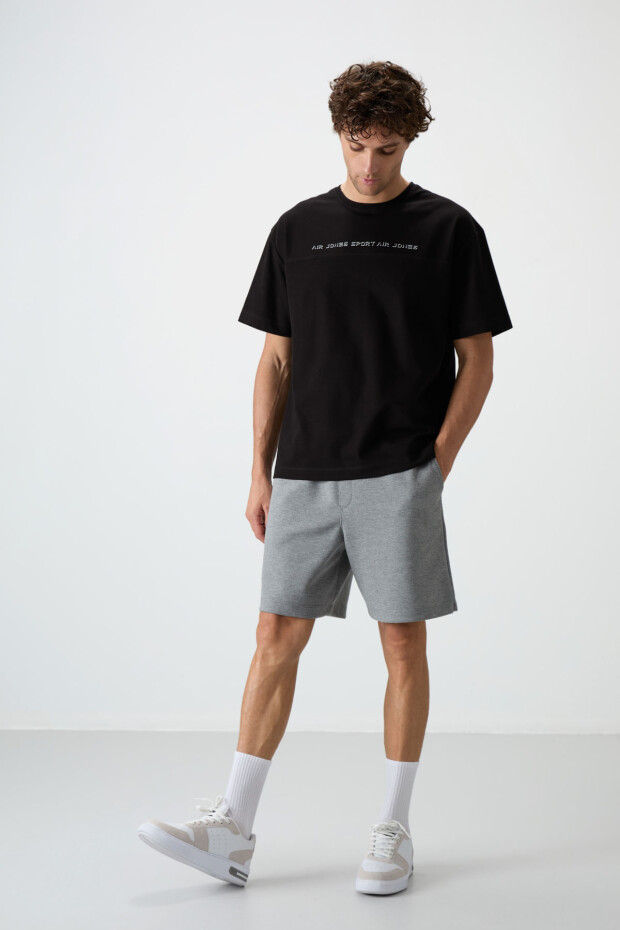 Siyah Pamuklu Kalın Yüzeyi Dokulu Oversize Fit Baskılı Erkek T-Shirt - 88371