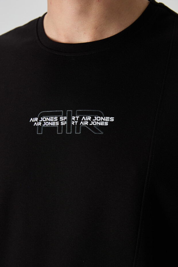 Siyah Pamuklu Kalın Yüzeyi Dokulu Oversize Fit Baskılı Erkek T-Shirt - 88372