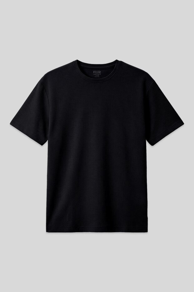 Siyah Waffle İnterlok Yüzeyi Dokulu Oversize Fit Basic Erkek T-Shirt - 88379 - 1