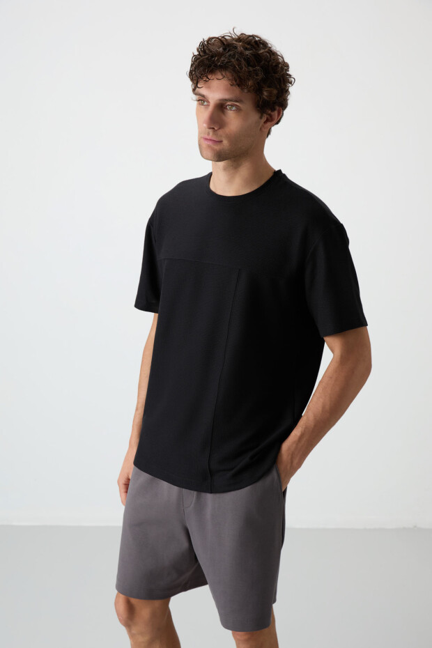 Siyah Waffle İnterlok Yüzeyi Dokulu Oversize Fit Basic Erkek T-Shirt - 88380