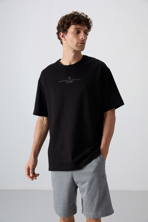 Siyah - Antrasıt Pamuklu Kalın Yumuşak Dokulu Oversize Fit Baskılı Erkek T-Shirt - 88321