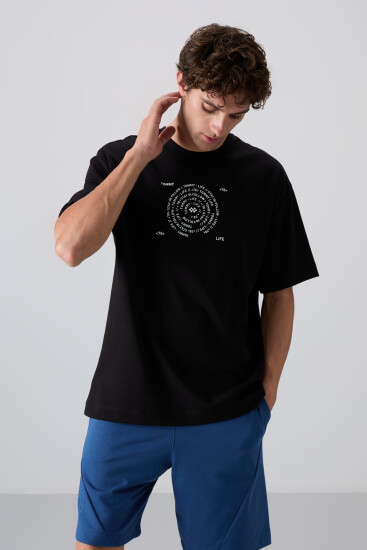 Siyah - Beyaz Pamuklu Kalın Yumuşak Dokulu Oversize Fit Baskılı Erkek T-Shirt - 88324 