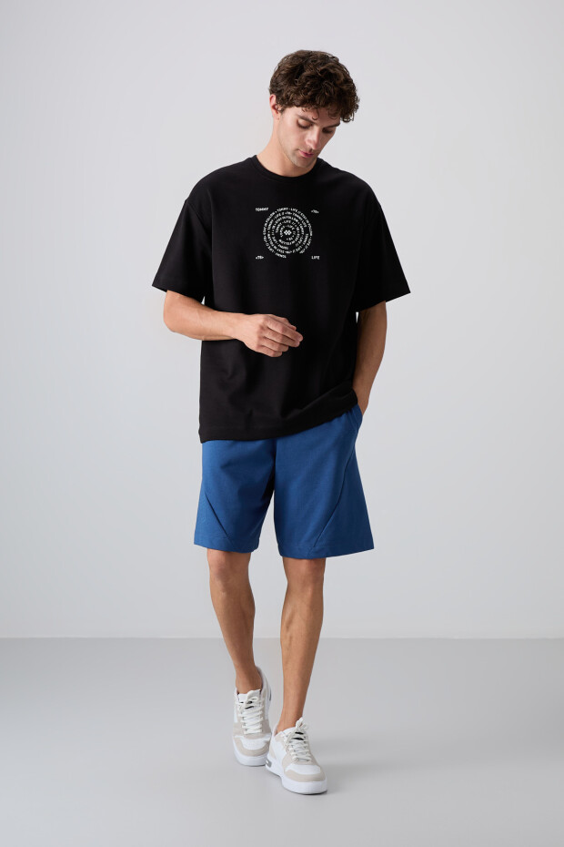 Siyah - Beyaz Pamuklu Kalın Yumuşak Dokulu Oversize Fit Baskılı Erkek T-Shirt - 88324