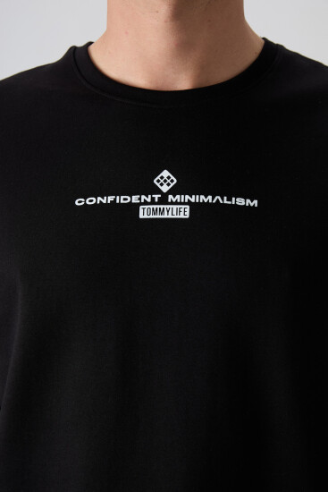 Siyah - Beyaz Pamuklu Kalın Yumuşak Dokulu Oversize Fit Baskılı Erkek T-Shirt - 88321 - TOMMYLIFE (1)