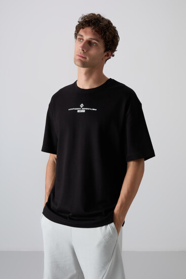Siyah - Beyaz Pamuklu Kalın Yumuşak Dokulu Oversize Fit Baskılı Erkek T-Shirt - 88321 