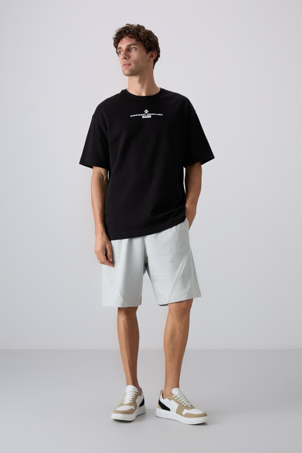 Siyah - Beyaz Pamuklu Kalın Yumuşak Dokulu Oversize Fit Baskılı Erkek T-Shirt - 88321