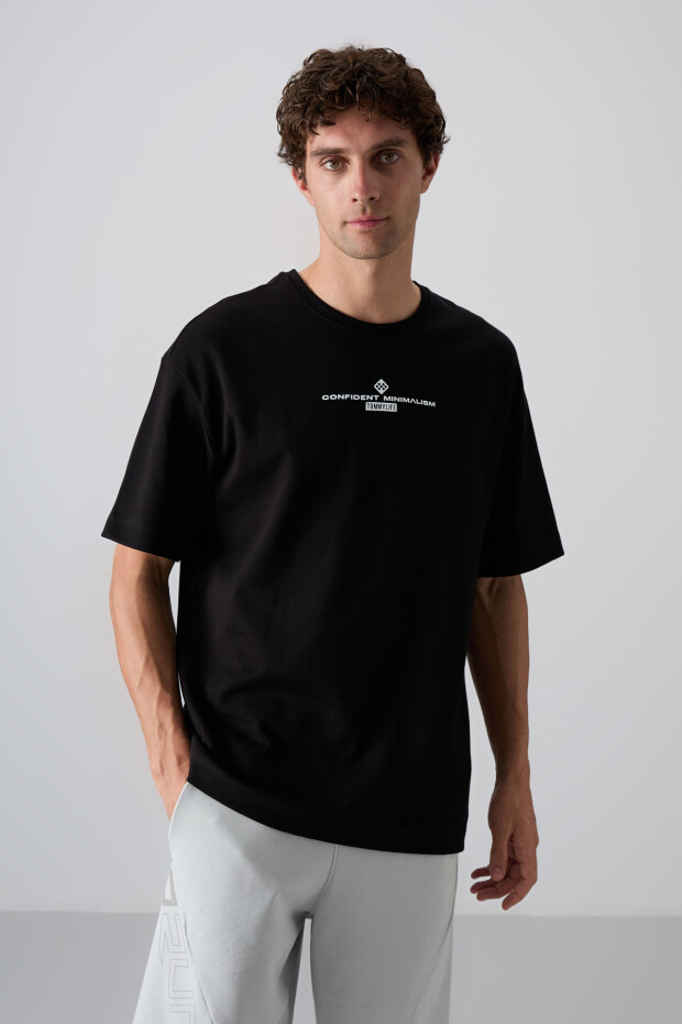 Siyah - Beyaz Pamuklu Kalın Yumuşak Dokulu Oversize Fit Baskılı Erkek T-Shirt - 88321
