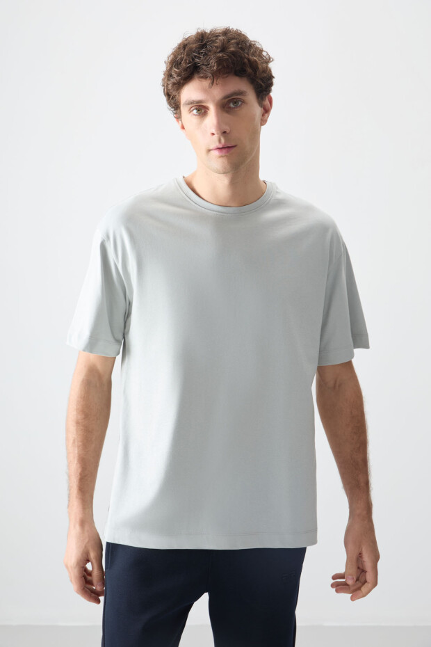 Taş %100 Pamuk Kalın Yumuşak Dokulu Oversize Fit Basic Erkek T-Shirt - 88353 - 2