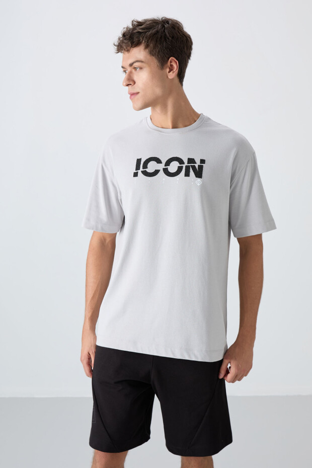 Taş Pamuklu Kalın Yumuşak Dokulu Oversize Fit Baskılı Erkek T-Shirt - 88331 - 4